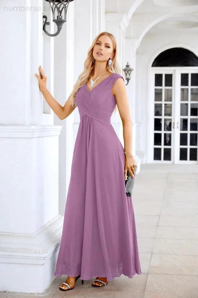 Ladies Chiffon V Neck Sleeveless Floor Length Bridesmaid Evening Dress Wedding Party Evening Dress 28126