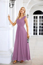Ladies Chiffon V Neck Sleeveless Floor Length Bridesmaid Evening Dress Wedding Party Evening Dress 28126