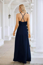 Ladies Chiffon Spaghetti Strap V Neck Front Slit Floor Length Bridesmaid Evening Dress Prom Party Wedding Evening Dress 28116