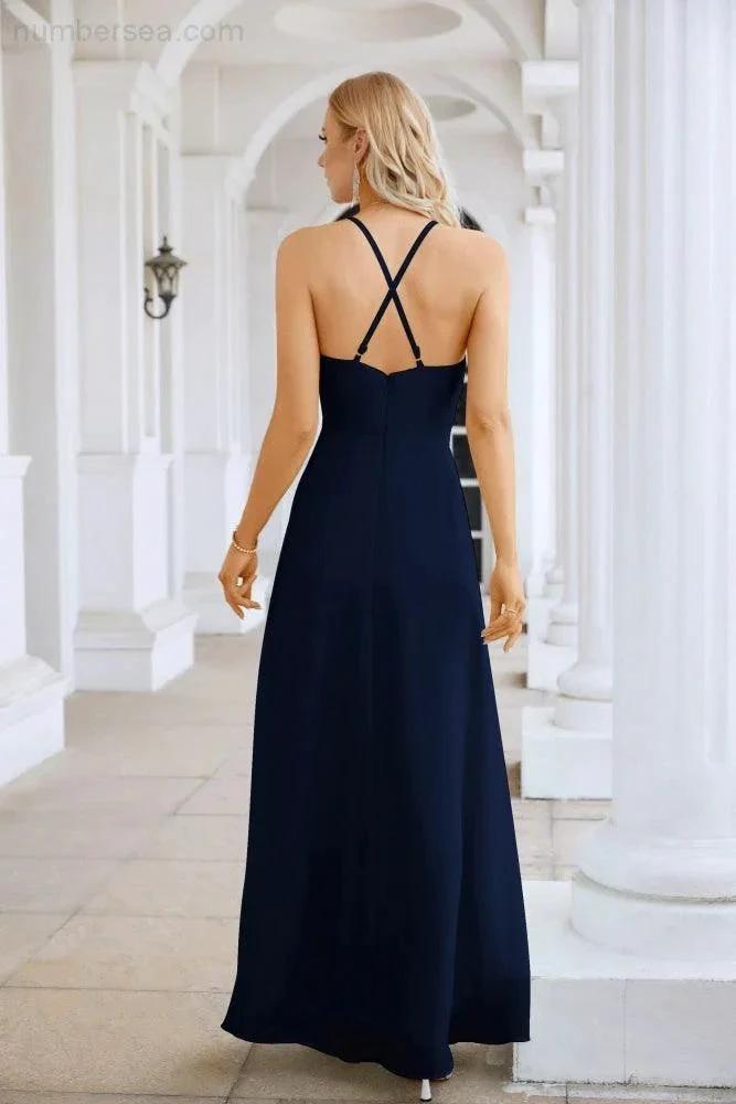Ladies Chiffon Spaghetti Strap V Neck Front Slit Floor Length Bridesmaid Evening Dress Prom Party Wedding Evening Dress 28116