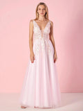Elegant A-line V-Neck Tulle Floor-Length Prom Dress with Lace Appliques