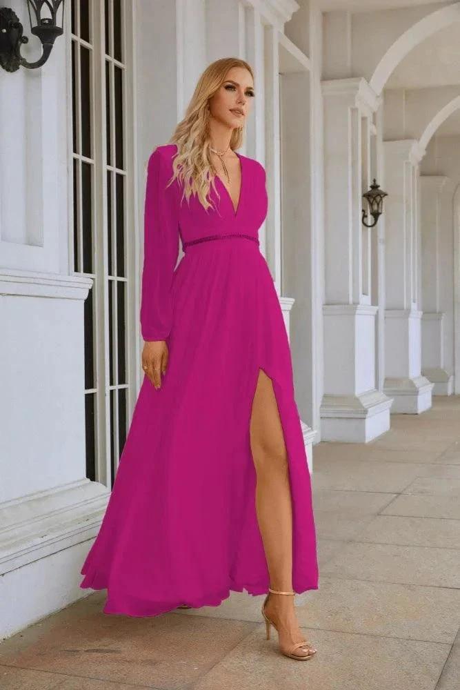 Ladies V Neck Chiffon Long Sleeve Front Slit Bridesmaid Evening Dress Wedding Party Shopping Evening Dress 28109