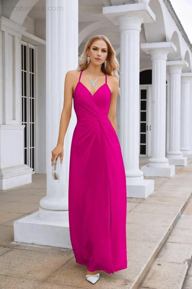 Ladies Chiffon Spaghetti Strap V Neck Front Slit Floor Length Bridesmaid Evening Dress Prom Party Wedding Evening Dress 28116