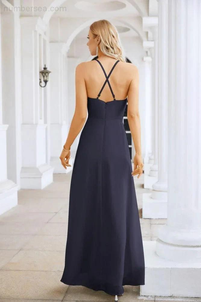 Ladies Chiffon Spaghetti Strap V Neck Front Slit Floor Length Bridesmaid Evening Dress Prom Party Wedding Evening Dress 28116