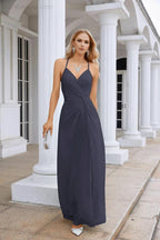 Ladies Chiffon Spaghetti Strap V Neck Front Slit Floor Length Bridesmaid Evening Dress Prom Party Wedding Evening Dress 28116