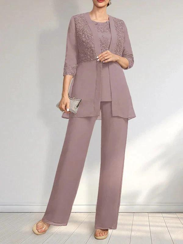 Jumpsuit/Pantsuit Separates Scoop Floor-Length Chiffon Lace Mother of the Bride Dress With Sequins