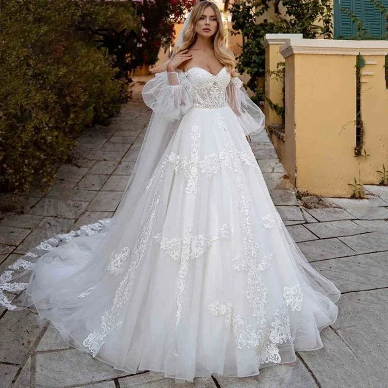 Tulle Princess Wedding Dress Puff Sleeves Off Shoulder Bridal Gown Sweetheart Appliques Lace vestidos de noiva