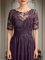 A-line Scoop Illusion Asymmetrical Chiffon Lace Mother of the Bride Dress With Sequins