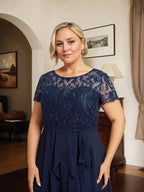 A-line Scoop Illusion Asymmetrical Chiffon Lace Mother of the Bride Dress With Bow Ruffle Sequins