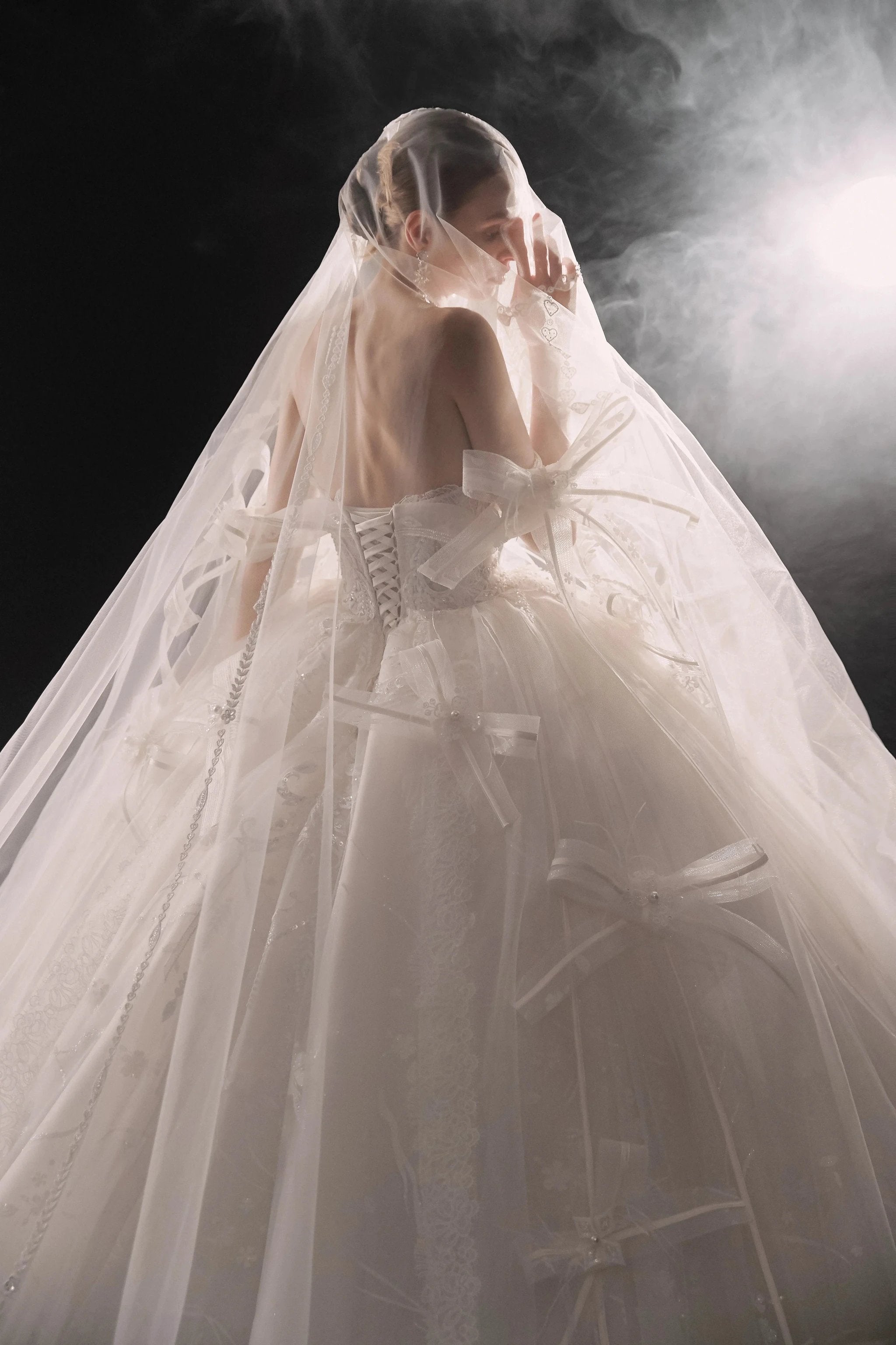 Romantic Strapless Ball Gown Tulle Ribbon Embellished Lace Wedding Dress with Voluminous Skirt H008