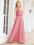 Numbersea Chiffon Ruffled One Shoulder Sleeveless Long Bride Dresses A-line Formal Evening Gown Side Split 28057