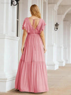 Numbersea Women's Open Back Formal Evening Party Prom Gowns V-Neck Long Chiffon Bridesmaid Dresses with Waist Belt 28038