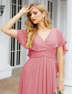 Numbersea Chiffon Bridesmaid Dresses Long Formal Evening Prom Mother of The Bride Dress with Flutter Sleeve     SEA28040