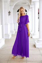Ladies Chiffon Sleeve Crew Neck Front Slit Floor Length Bridesmaid Evening Dress Wedding Party Evening Dress 28124