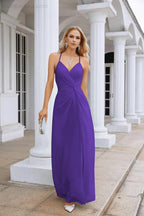 Ladies Chiffon Spaghetti Strap V Neck Front Slit Floor Length Bridesmaid Evening Dress Prom Party Wedding Evening Dress 28116