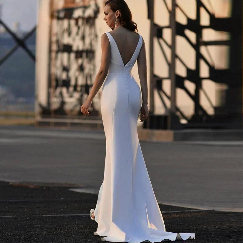 Sexy Mermaid Strapless Wedding Dresses Simple Satin Sleeveless Bridal Gown Elegant V-Neck Backless Beach Vestido De Novia