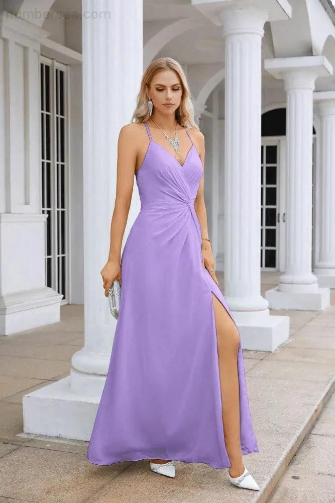 Ladies Chiffon Spaghetti Strap V Neck Front Slit Floor Length Bridesmaid Evening Dress Prom Party Wedding Evening Dress 28116