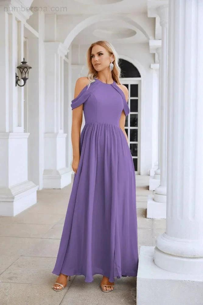 Ladies Chiffon Off Shoulder Swing Sleeve Front Slit Bridesmaid Evening Dress Wedding Party Evening Dress 28117