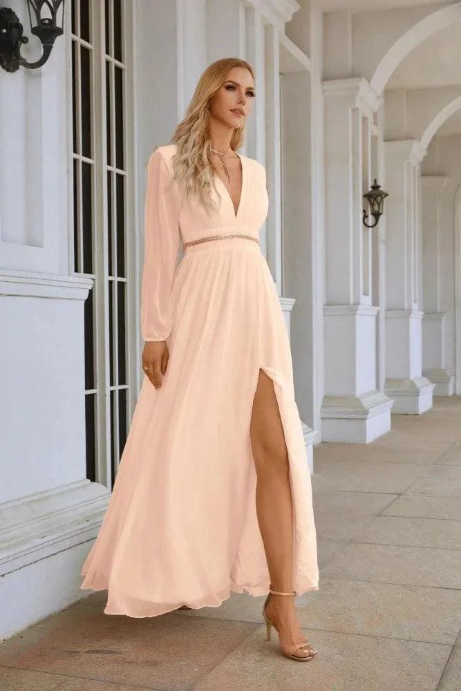 Ladies V Neck Chiffon Long Sleeve Front Slit Bridesmaid Evening Dress Wedding Party Shopping Evening Dress 28109