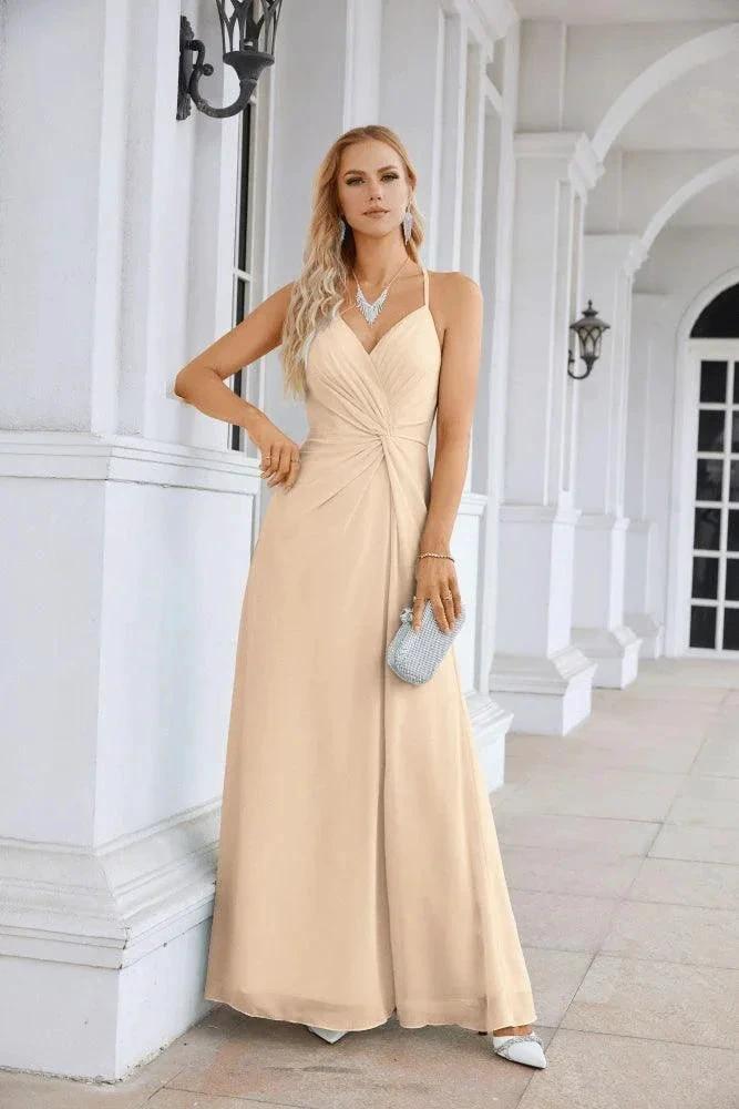 Ladies Chiffon Spaghetti Strap V Neck Front Slit Floor Length Bridesmaid Evening Dress Prom Party Wedding Evening Dress 28116