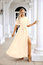 Ladies Chiffon Sleeve Crew Neck Front Slit Floor Length Bridesmaid Evening Dress Wedding Party Evening Dress 28124