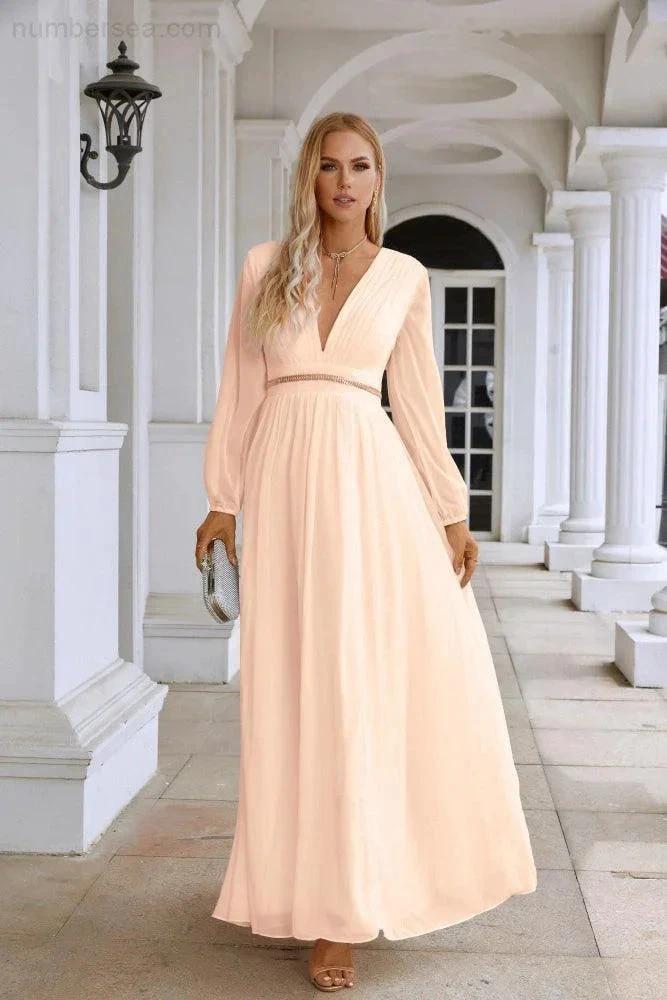 Ladies V Neck Chiffon Long Sleeve Front Slit Bridesmaid Evening Dress Wedding Party Shopping Evening Dress 28109