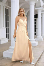 Ladies Chiffon Spaghetti Strap V Neck Front Slit Floor Length Bridesmaid Evening Dress Prom Party Wedding Evening Dress 28116