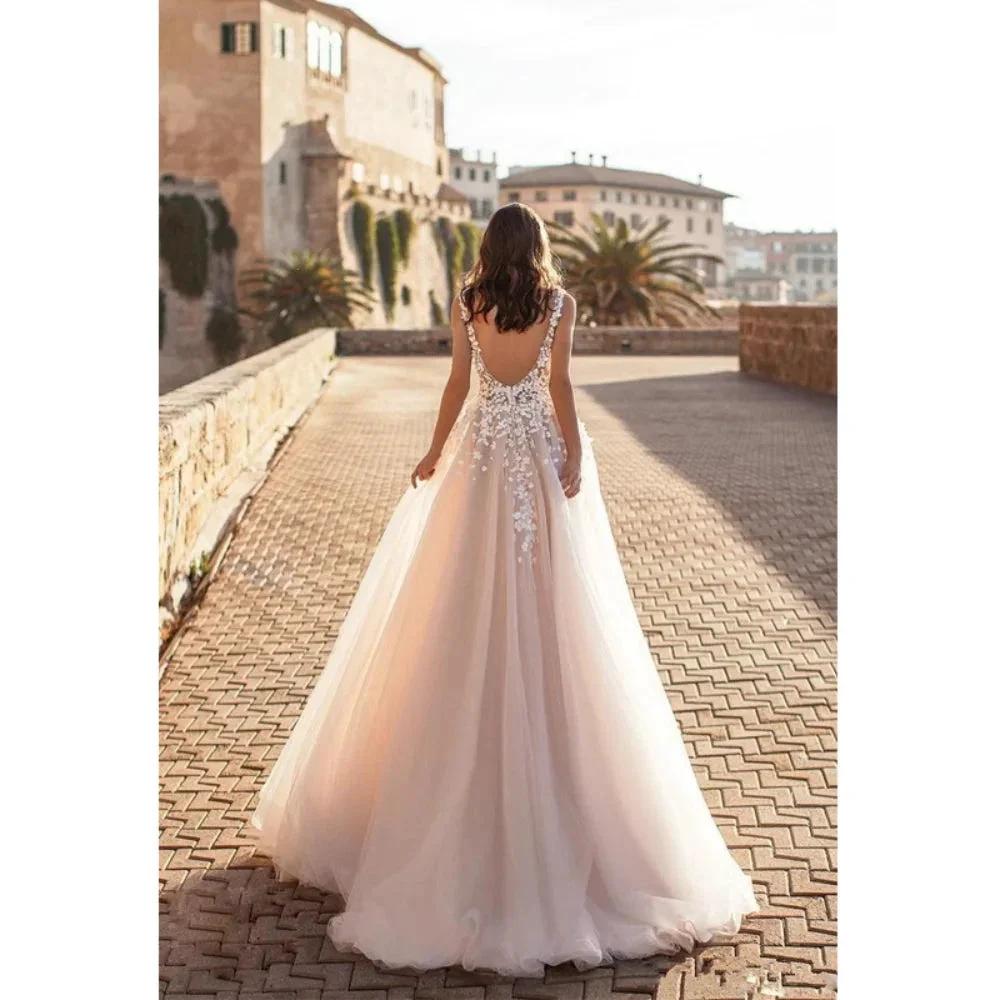 Wedding Dresses Beach Wedding Women Sexy V Large Decal 3D Flower Tulle Sleeveless Bridal Gowns Vestido De Novia Robe Mariée