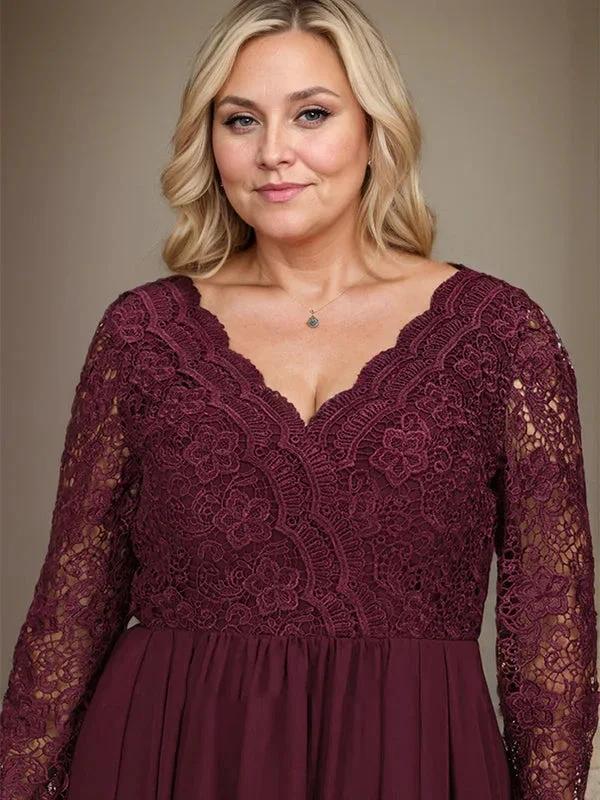 A-line V-Neck Asymmetrical Lace Chiffon Mother of the Bride Dress
