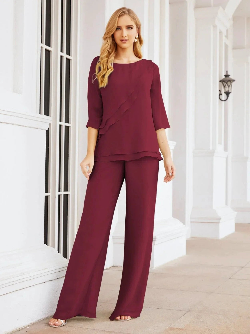 Sunnderly Elegant 2 Piece Mother of The Bride Dress Plus Size Pant Suits Ruffle Layers Sliver Housecoat SY28064