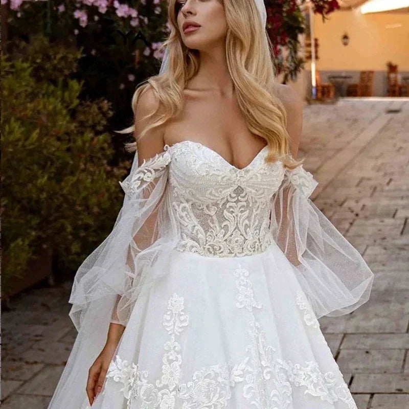 Tulle Princess Wedding Dress Puff Sleeves Off Shoulder Bridal Gown Sweetheart Appliques Lace vestidos de noiva