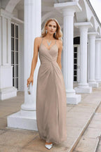 Ladies Chiffon Spaghetti Strap V Neck Front Slit Floor Length Bridesmaid Evening Dress Prom Party Wedding Evening Dress 28116