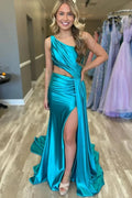 Shannon | Charming Mermaid One Shoulder Satin Prom Dresses with Slit