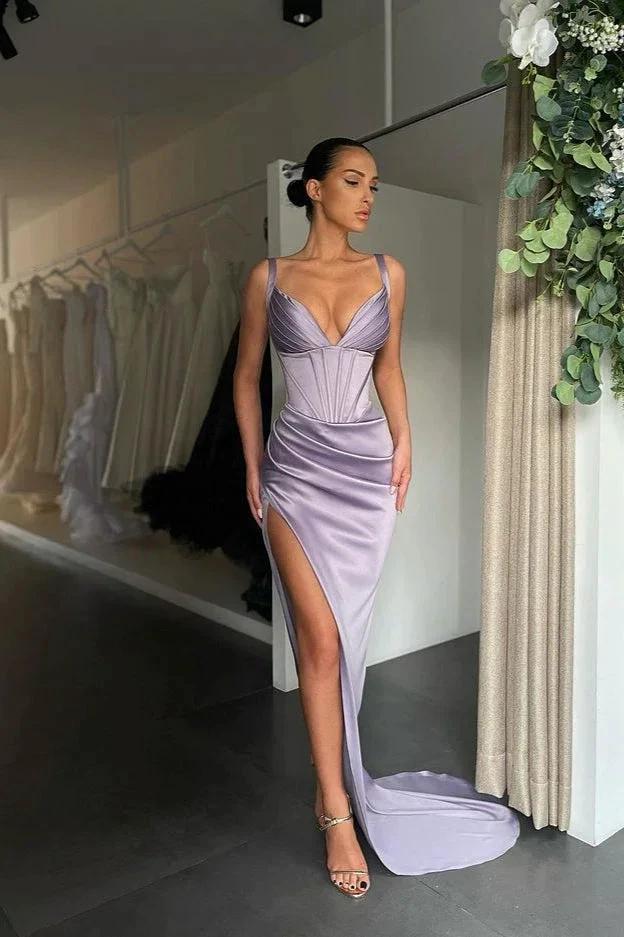 Spaghetti Straps Sleeveless V-Neck Split Prom Dress