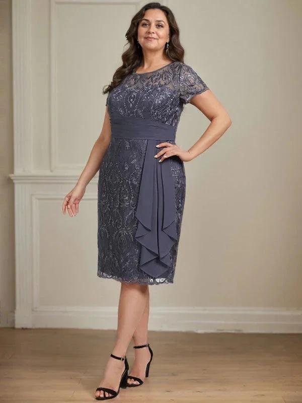 Sheath/Column Scoop Illusion Knee-Length Lace Chiffon Mother of the Bride Dress With Cascading Ruffles Sequins