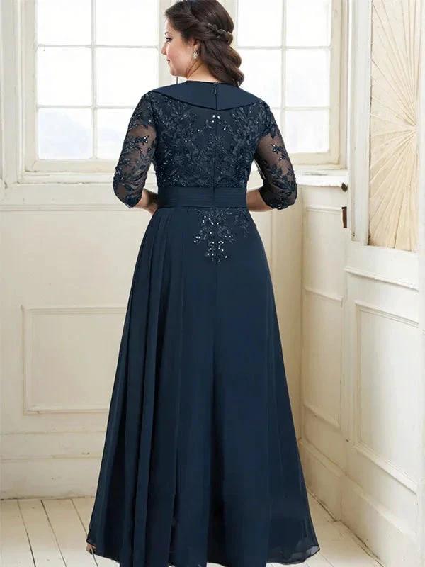 A-line Collared V-Neck Floor-Length Lace Chiffon Mother of the Bride Dress With Sequins Cascading Ruffles
