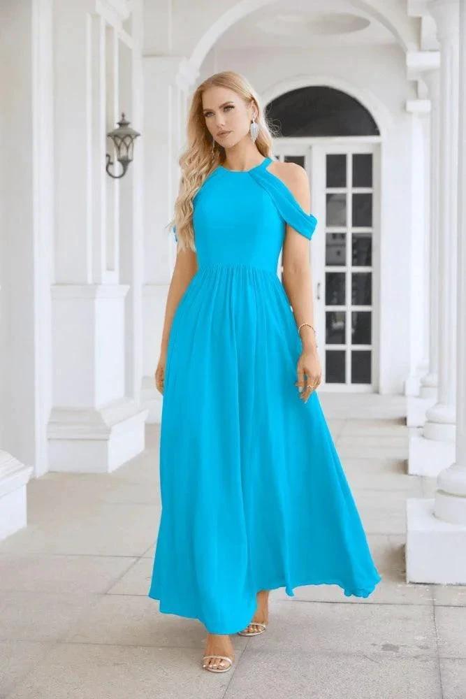 Ladies Chiffon Off Shoulder Swing Sleeve Front Slit Bridesmaid Evening Dress Wedding Party Evening Dress 28117