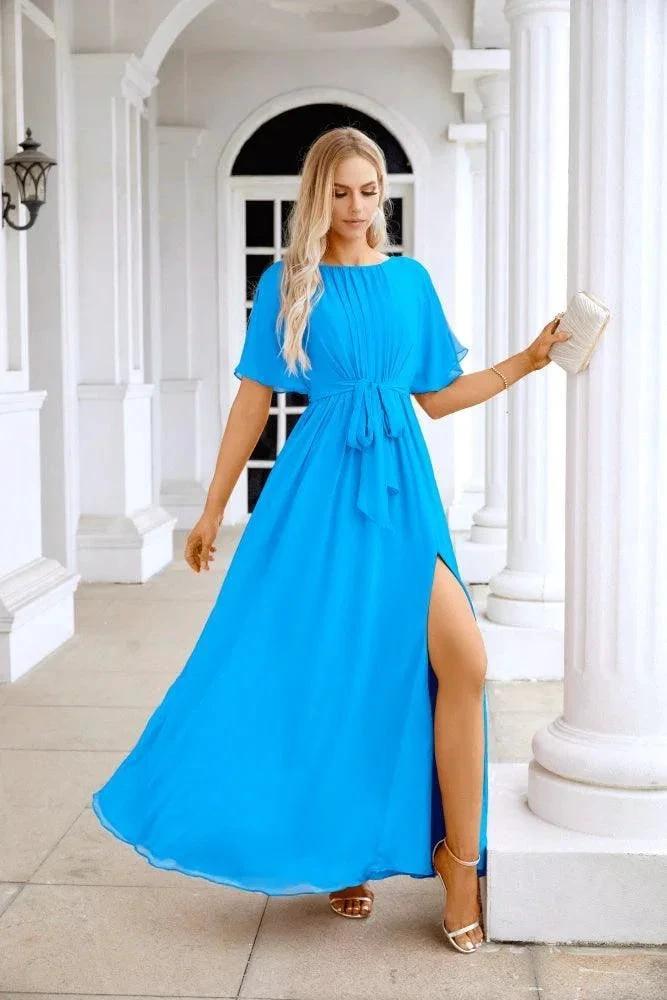 Ladies Chiffon Sleeve Crew Neck Front Slit Floor Length Bridesmaid Evening Dress Wedding Party Evening Dress 28124