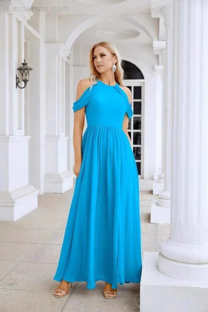 Ladies Chiffon Off Shoulder Swing Sleeve Front Slit Bridesmaid Evening Dress Wedding Party Evening Dress 28117