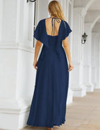 Numbersea Chiffon Bridesmaid Dresses Long Formal Evening Prom Mother of The Bride Dress with Flutter Sleeve     SEA28040
