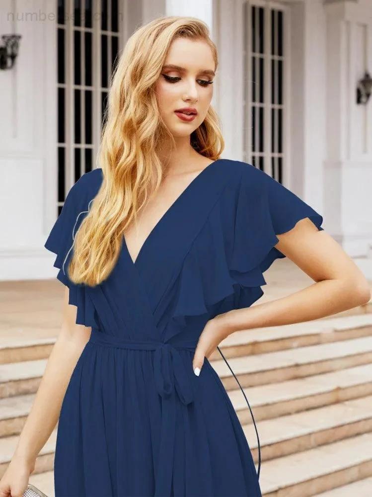 Numbersea Women's Open Back Formal Evening Party Prom Gowns V-Neck Long Chiffon Bridesmaid Dresses with Waist Belt 28038