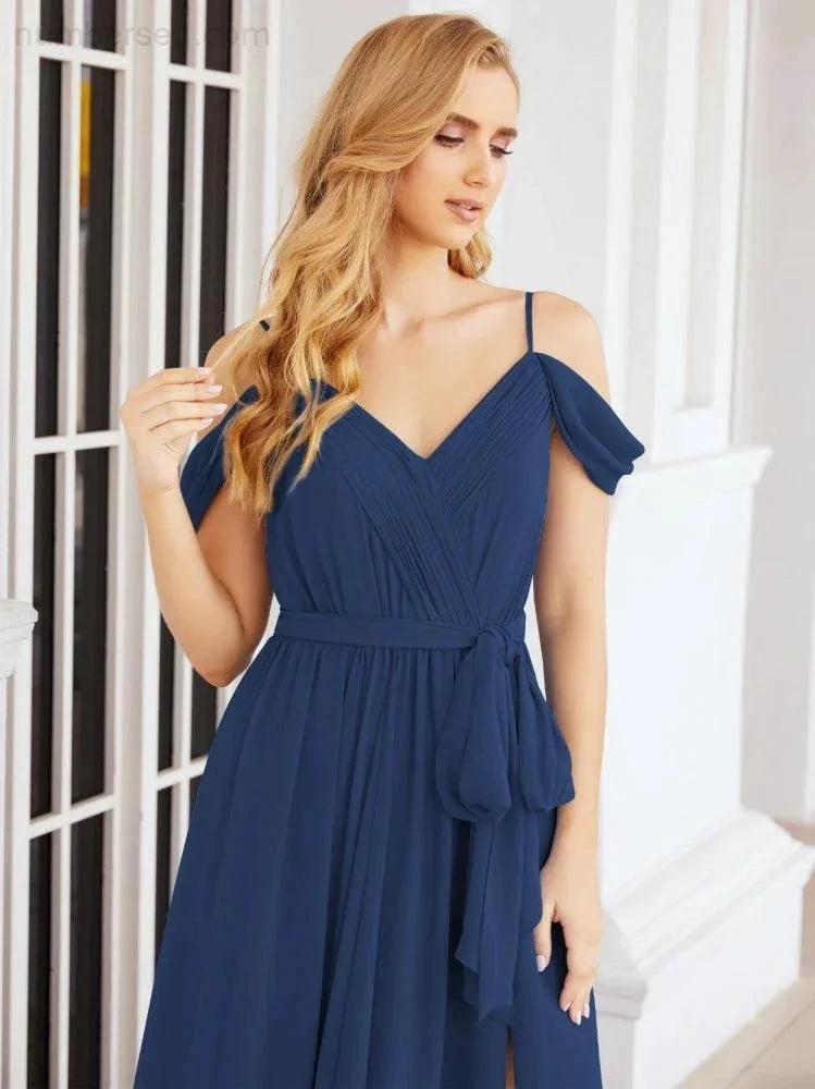 Numbersea Off The Shoulder Chiffon Bridesmaid Dress Long Formal Graduation Gown with Cowl Back 28069