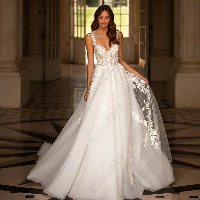 Sexy V-Neck Backless Wedding Dress For Women Romantic Tulle  Spaghetti Straps Bride Party A-line Sleeveless Bridal Gown