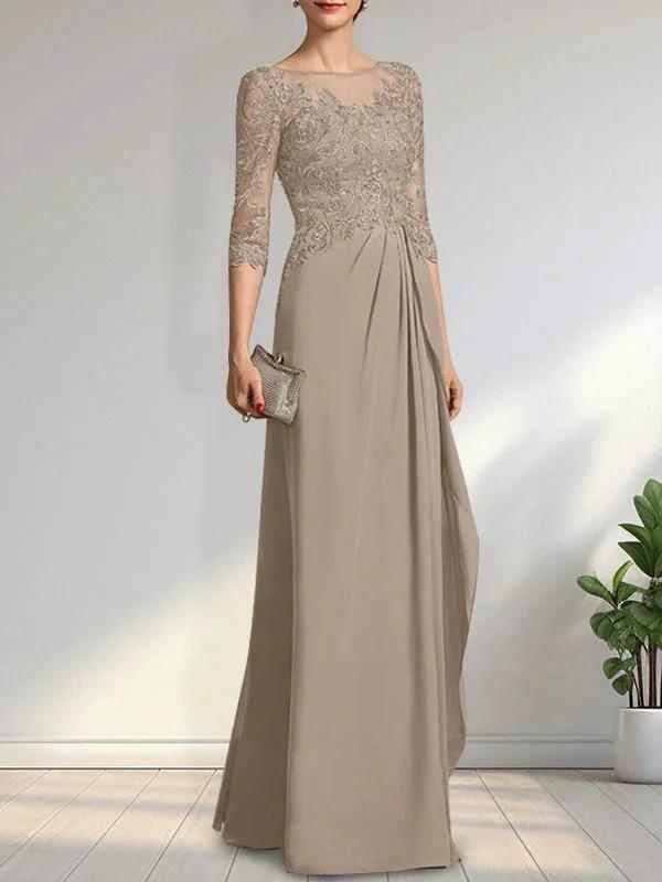 A-line Scoop Illusion Floor-Length Chiffon Lace Mother of the Bride Dress With Beading Sequins Cascading Ruffles