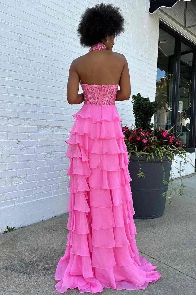Emerie |A line High Neck Tiered Chiffon Prom Dress with 3D Flower