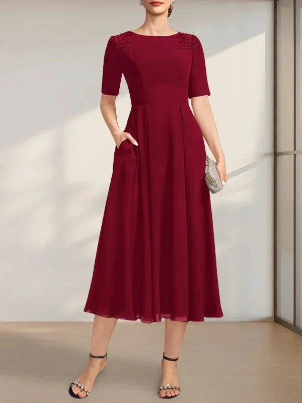 A-line Scoop Tea-Length Chiffon Mother of the Bride Dress With Appliques Lace Sequins