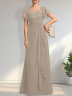 A-line Asymmetrical Illusion Floor-Length Lace Chiffon Mother of the Bride Dress With Cascading Ruffles Sequins