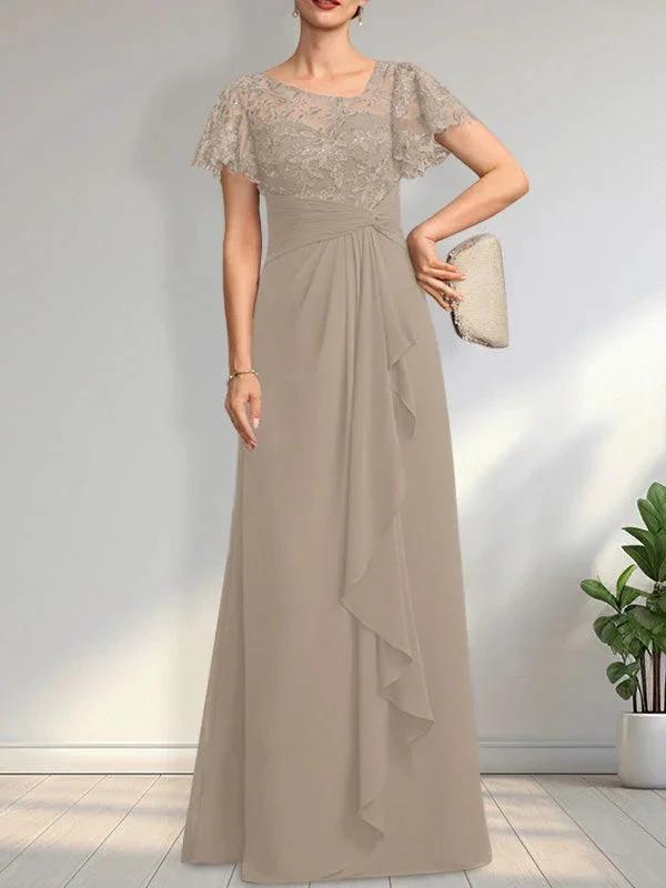 A-line Asymmetrical Illusion Floor-Length Lace Chiffon Mother of the Bride Dress With Cascading Ruffles Sequins