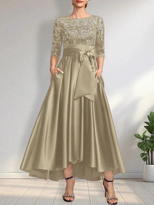 A-line Scoop Illusion Asymmetrical Satin Lace Mother of the Bride Dress With Bow