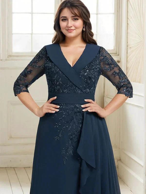 A-line Collared V-Neck Floor-Length Lace Chiffon Mother of the Bride Dress With Sequins Cascading Ruffles